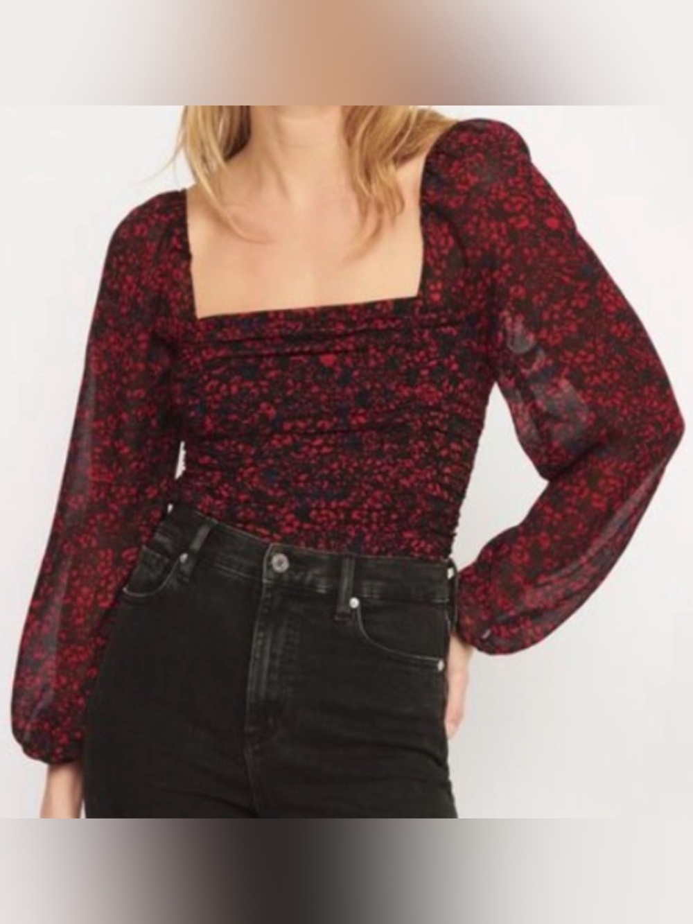 Dynamite Black & Red Cropped Square Neck Long Puff Sleeve Blouse Size S